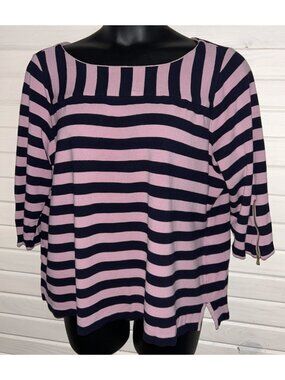 Talbots Sz PLUS 2X Pink Navy Blue Stripe Knit Top Zipper Sleeve Detail VGUC